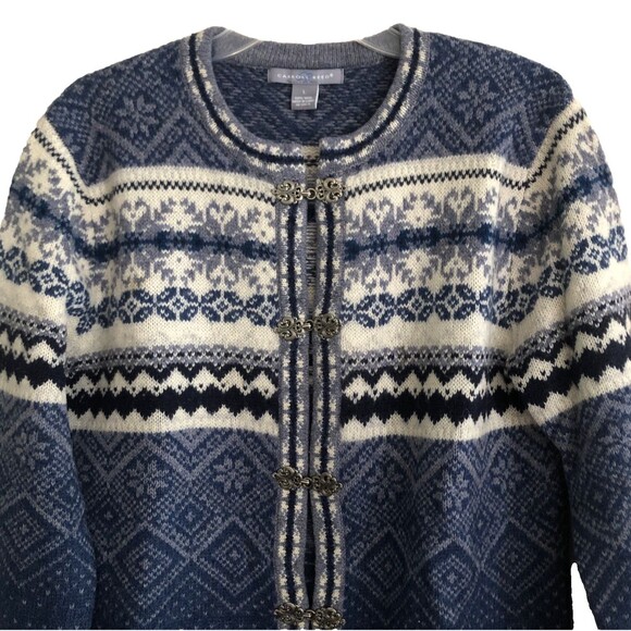 Carroll Reed Fair Isle Wool Cardigan Sweater Womens Sz L Indigo Filigree Clasps - Picture 1 of 15